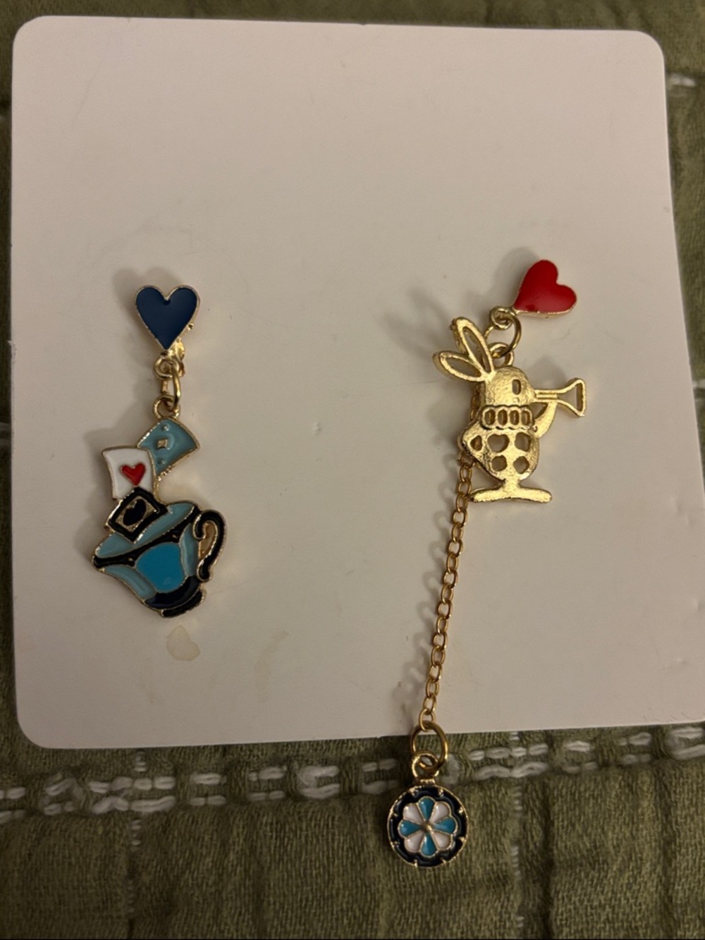 Alice in Wonderland themed earrings gold tone metal tea cup and rabbit